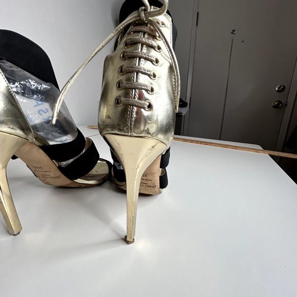 Jimmy Choo Gold Leather and Black Strap Stiletto Heel Peep Toe Sandals 39.5 - Picture 6 of 16